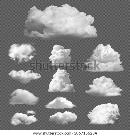 Collection big set of realistic white clouds on a transparent background. Templates of white fluffy clouds, fog, smoke. Vector illustration isolated.