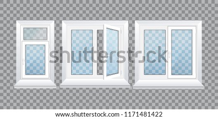 Realistic glass transparent plastic windows with window sills and sashes. White home and office windows, with one and two sections, a handle for adjustment. Vector illustration isolated.