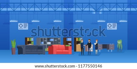 Interior of building supermarket, shop, shopping center. Shop sellers sell case furniture to buyer, leather sofas, office and home chairs, armchairs. Wholesale and retail trade. Vector illustration.