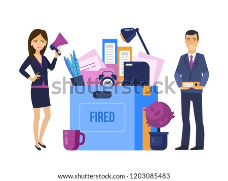 Fired, dismissal from work. Head manager, woman dismisses man office worker cartoon character person, with documents. Unemployment, crisis, job cuts reduction, loss of vacancy. Vector illustration.