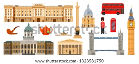 Culture, landmarks, attractions of London, Great Britain, United Kingdom. Museum, Big Ben, Trafalgar Square, Buckingham Palaces, University of Oxford, double-decker transport bus. Vector illustration.