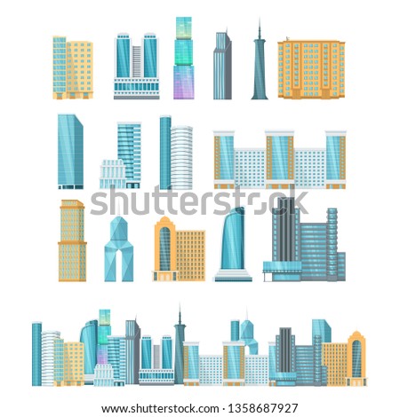 Modern high-rise city skyscrapers. Office city apartment buildings, house residential. Towers city business architecture, business centers, offices, residential buildings vector illustration isolated.