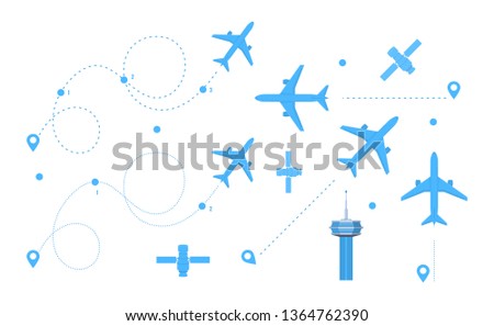 GPS tag for airplanes, set airplane dotted route line, air travel. Plane flights, line icon of the built path, dashed airplane flights start track. Navigation location geolocation vector illustration.