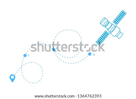 GPS tag for airplanes, satellites, with the help of tower, air travel, trip. Line icon of the built path, pointer of flight on map. Navigation location, geolocation. Vector illustration.