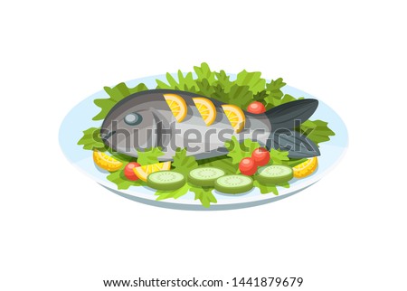 Festive seafood specialties, modern delicacies with a beautiful presentation on the plate. Delicious dish - tender fish meat, with greens, lemon and vegetables. Cartoon vector.