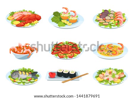 Festive seafood dishes food cooked modern delicacies with a presentation on the plate. Delicious dishes: salads and soups of shrimp, crab, mussels, baked fish, rolls, sushi, octopus. Cartoon vector.