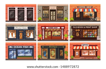 Retro shop store facade with storefront large window, columns and brick wall set. Facade residential building front view jewelry barber boutique wedding seafood book coffee shop. Vector illustration