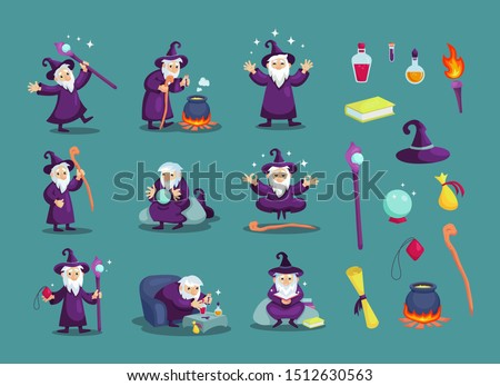 Wizard male character, mage, a sorcerer in a mantle and hat. Warlock in a bathrobe, in various situations. Magic medieval accessories collection. Mystery vector illustration isolated. Сток-фото © 
