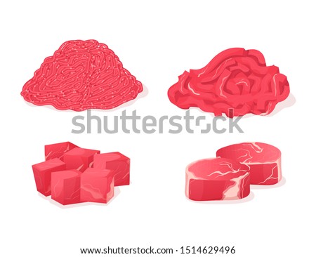 Meat fresh steaks cartoon set. Assortment of meat slices of dish. Minced meat smoked in meat grinder, sliced fillet, chopped stewed cubes and pieces of steak. Vector illustration.