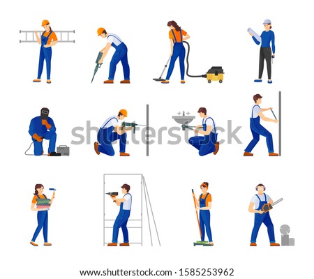 Group repairman man and woman. Construction engineers, architect, builder, home master, painter, carpenter, welder with building equipment tools cartoon vector illustration