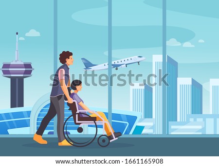 Passenger group people together waiting in airport. Man with disabled woman walking to board a plane. Airplane, airport, room airport station. Travel, trip, journey. Vector illustration.