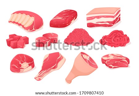 Meat fresh steaks cartoon set. Meat parts animals pork and beef. Assortment of meat slices of dish is beef, pork, steak, boneless ridge, whole leg, roast, brisket, ribs, rustic brisket vector