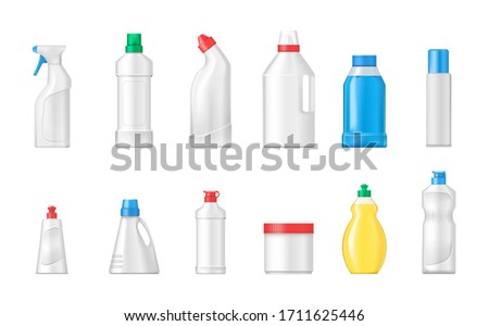 House cleaning plastic products realistic mockup set isolated. Cleaning products cleaning supplies for home, household. Plastic bottles differents shapes template for toilet bathroom cleaning vector