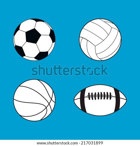 Collection of black and white sport balls vector illustration flat icons on blue background