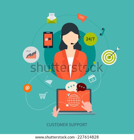 Business customer care service concept flat icons. Feedback. Woman with icons. Vector illustration