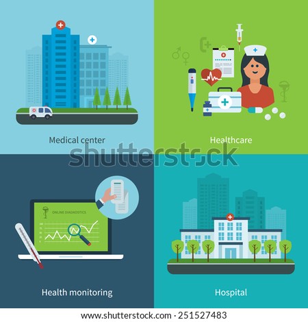 Flat design modern vector illustration concept for medical care, healthcare, health monitoring, medical center and hospital building