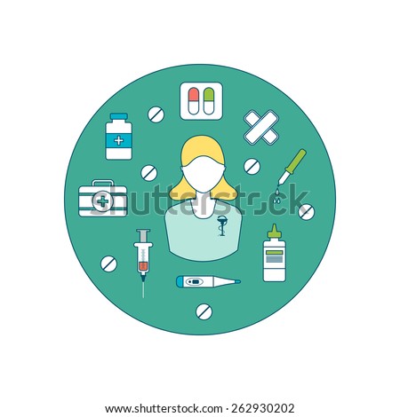 Flat design modern vector illustration concept for health care and pharmacy. Healthcare system concept. Nurse and medical tools icons