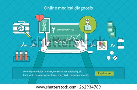 Flat design modern vector illustration concept for health care and online diagnosis. Healthcare system concept. Thin line icons  