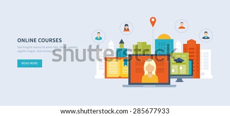 Flat design modern vector illustration icons set of online education and online training courses, specialization, university, tutorials. School and university building icon. Urban landscape.