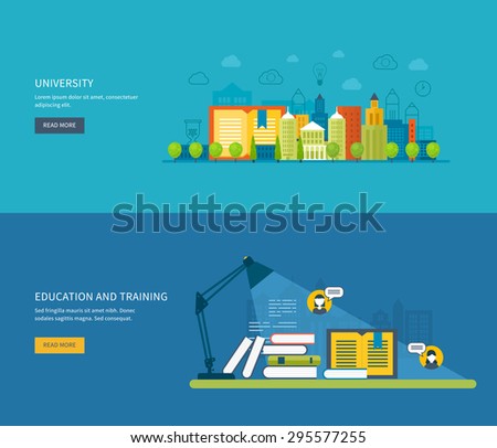 Flat design modern vector illustration icons set of global education, online training courses, staff training, specialization, university, tutorials. School and university building icon.