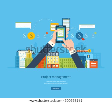 Flat design illustration concepts for business analysis and planning, consulting, team work, project management and development. Concepts web banner and printed materials.