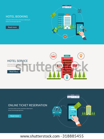 Railway station concept. Train on railway. Online ticket reservation. Hotel booking. Flat design modern illustration icons set of urban landscape and hotel service.