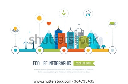 Green eco and eco-friendly city concept. Clean planet, urban landscape and industrial factory buildings concept