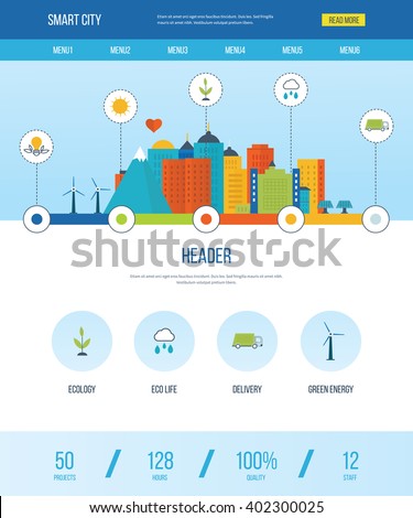 One page web design template with icons of smart city. Green eco city and eco life infographic. 