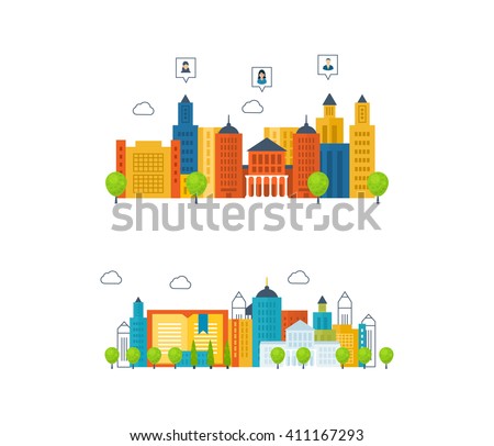 Vector illustration concepts for finding and meeting people, online education, training courses, e-learning, university. Urban landscape and city building. Mobile app.
