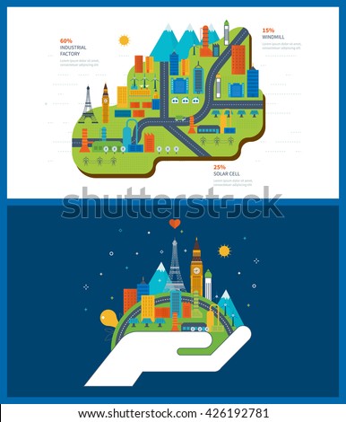 Flat green energy, ecology, eco, clean planet, urban landscape and industrial factory buildings concept vector icon banners template set. Infographic energy template design