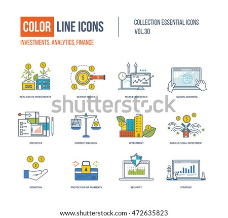 Color Line icons collection. Real estate investment, finance, search money, market research, global business, correct decision, agricultural investment, donation, protection of payment, strategy