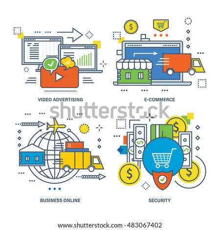 Concept of video advertising, e-commerce, business online, security. Color Line icons collection.