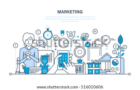 Marketing and market research, management and control strategy, statistics and reporting, finance, investments, time management. Illustration thin line design of vector doodles, infographics elements.