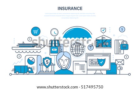 Insurance realty and property, insurance agent, guarantee security of financial deposits and savings, the insurance contract. Illustration thin line design of vector doodles, infographics elements.