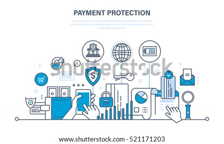 Protection, guarantee payment security, finance, cash deposits, purchases and money transfers, analysis of finance. Illustration thin line design of vector doodles, infographics elements.