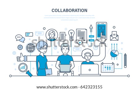 The concept of cooperation, collaboration, partnerships, teamwork, sales, marketing and integrated approach to discussion of issues and common issues. Illustration thin line design of vector doodles