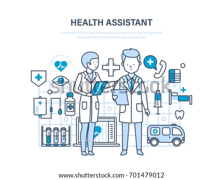 Health assistant concept. Modern health care system. Joint work, assistant doctor. Team medical people. Illustration thin line design of vector doodles, infographics elements.