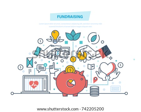 Fundraising concept. Fundraising event, volunteer center. Donation in heart form. Charitable foundations, help people and donation, helping the needy people. Illustration thin line design.