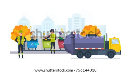 Containers with waste for recycle garbage, on autumn street of city. Waste management with, garbage truck and trash bins. Sanitation workers clean up trash by sorting it. Illustration isolated.