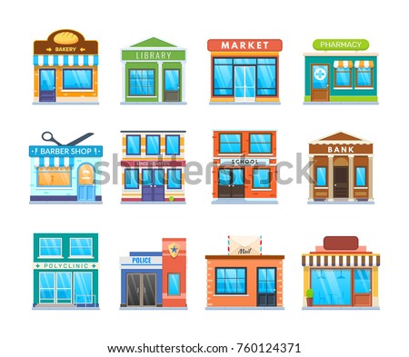 Set modern city building facade: bakery, library, market, pharmacy, barber shop, kindergarten, school, bank, polyclinic, police mail cafe Services for people Urban landscape Vector illustration