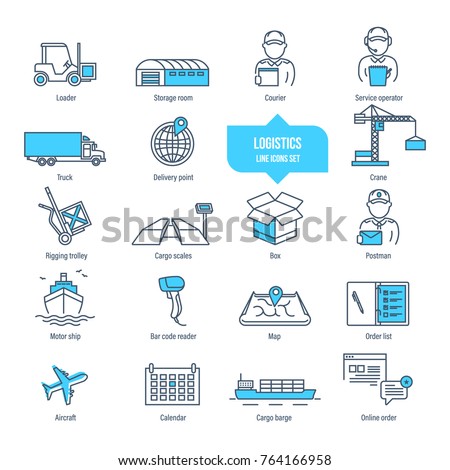 Logistics thin line icons, pictogram and symbol set. Icons for delivery, logistics. Packing, shipping, transportation, tracking, parcel. Transport service employees Illustration editable stroke