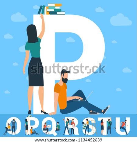 Big P letter. White letter with  young people with  tablets and smartphones and computers sending and sharing  social media posts. Flat design vector typeface initial  concept over sky background.
