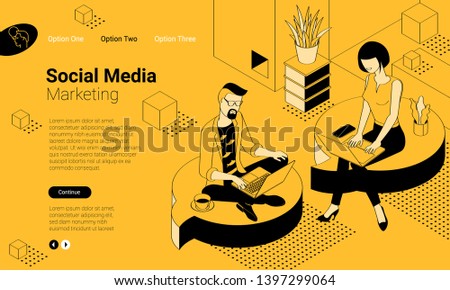 Black and yellow flat design isometric vector illustration of social network communication. Trendy color template for media marketing  for presentation, website and app design.