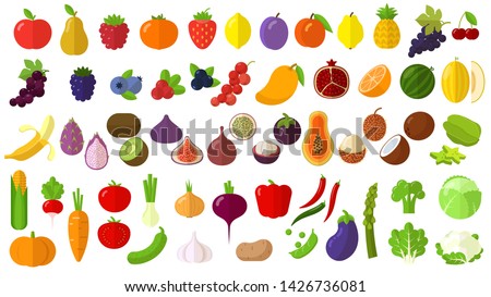 Flat design fresh raw fruits and vegetables vector icon set.