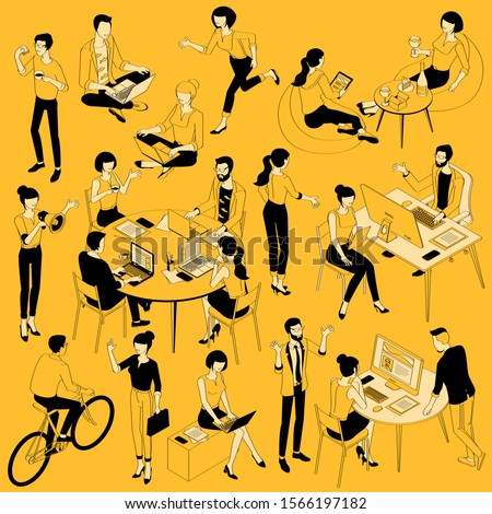 Young man and woman poses and activities flat design isometric vector ready to animation character set. Flat design poses and activities, busines, work and recreation collection.