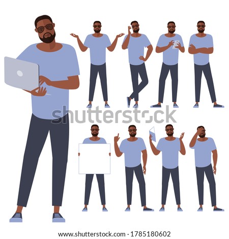 Set of flat design young black afro american man characters. Various poses and gestures and everyday activities. Shopping, chatting, phonning, working and showing different emotions.