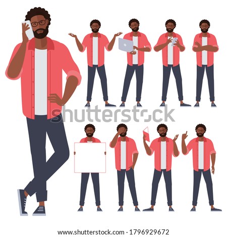 Set of flat design young black afro american man characters, various poses and gestures and everyday activities. Learning, chatting, phonning, working. ストックフォト © 