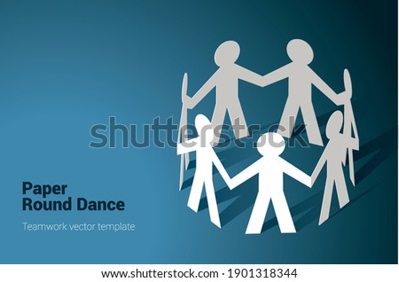 Paper people team in chain round dance. Flat design isometric vector concept for teamwork and mutual aid.