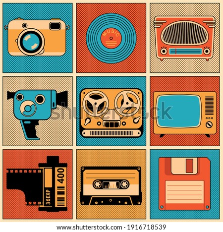 Retro media objects design element set. Film cameras, vinyl disk, diskette, audio cassette and cassette player, vintage tv.