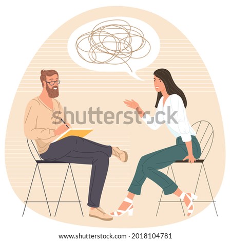 Flat design vector concept for psychotherapy session. Patient with psychologist, psychotherapist office. Psychiatrist session in mental health clinic. Photo stock © 
